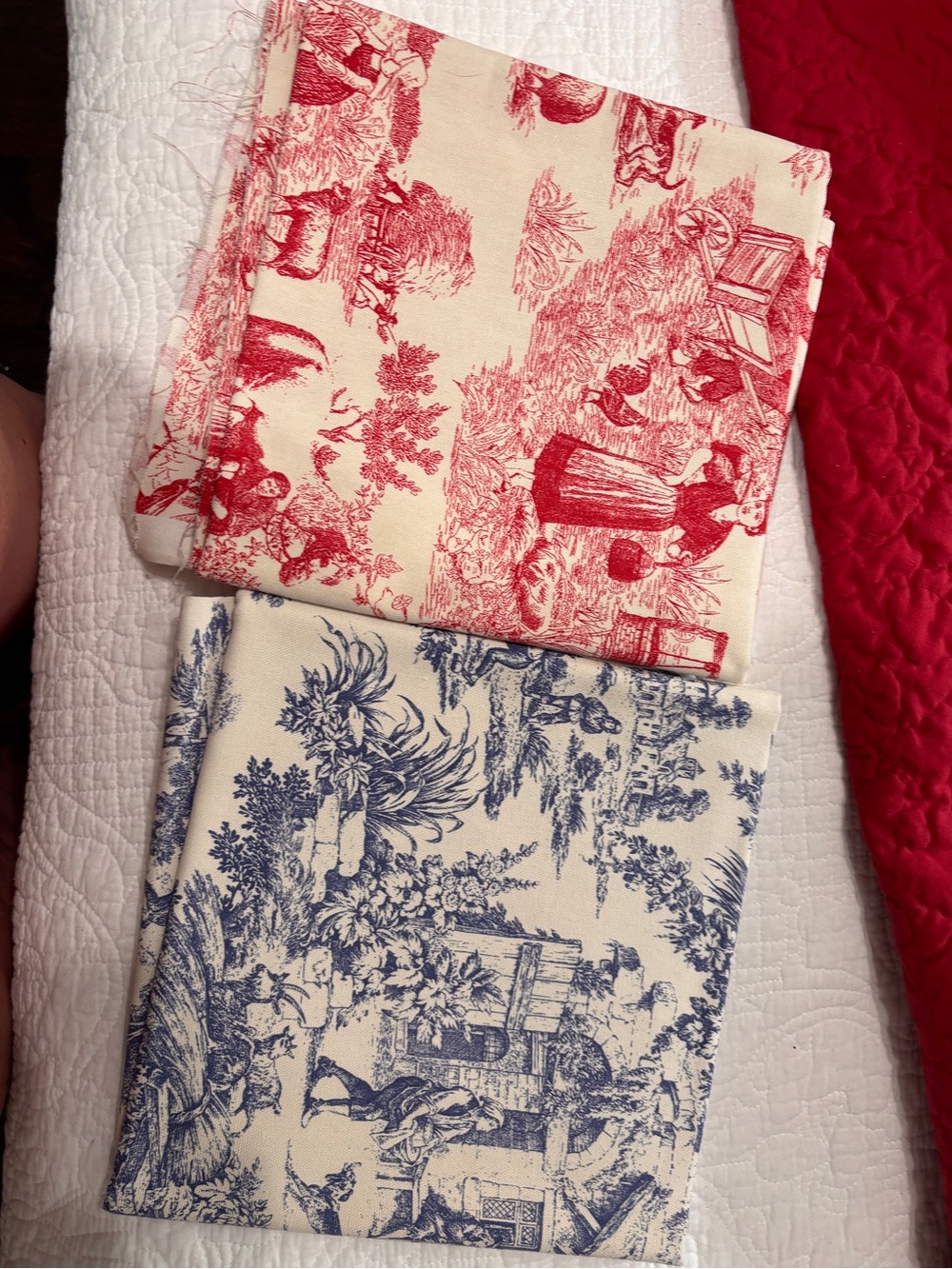 Cream Toile Fabric with Red and Blue Prints - Multi-Pack